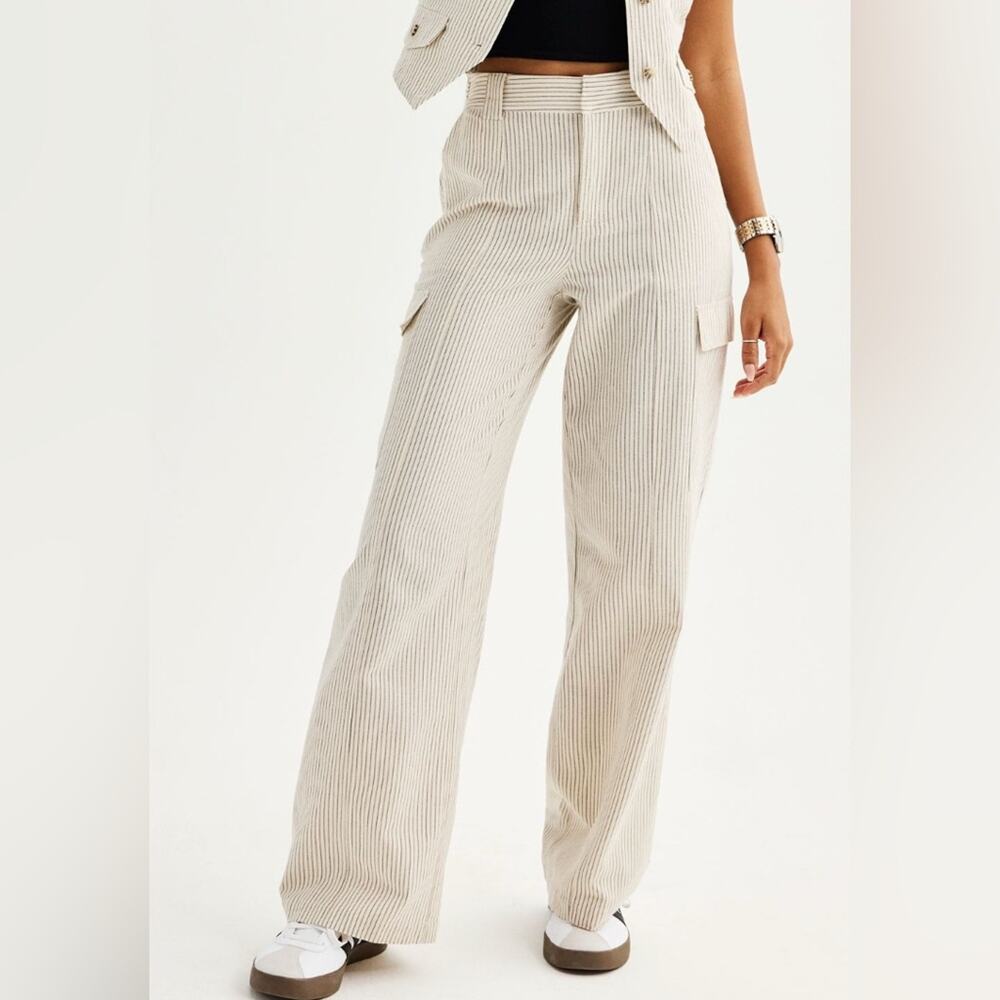NEW SO Women's Beige Striped High Rise Wide-Leg Cargo Pants XS